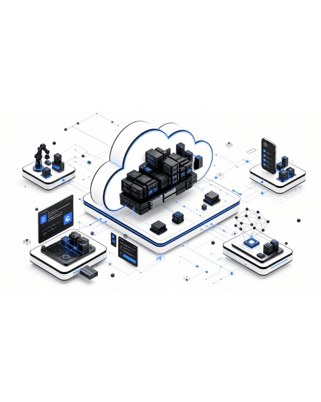 Isometric illustration of cloud infrastructure connecting automation, mobile, dashboards, and network systems.